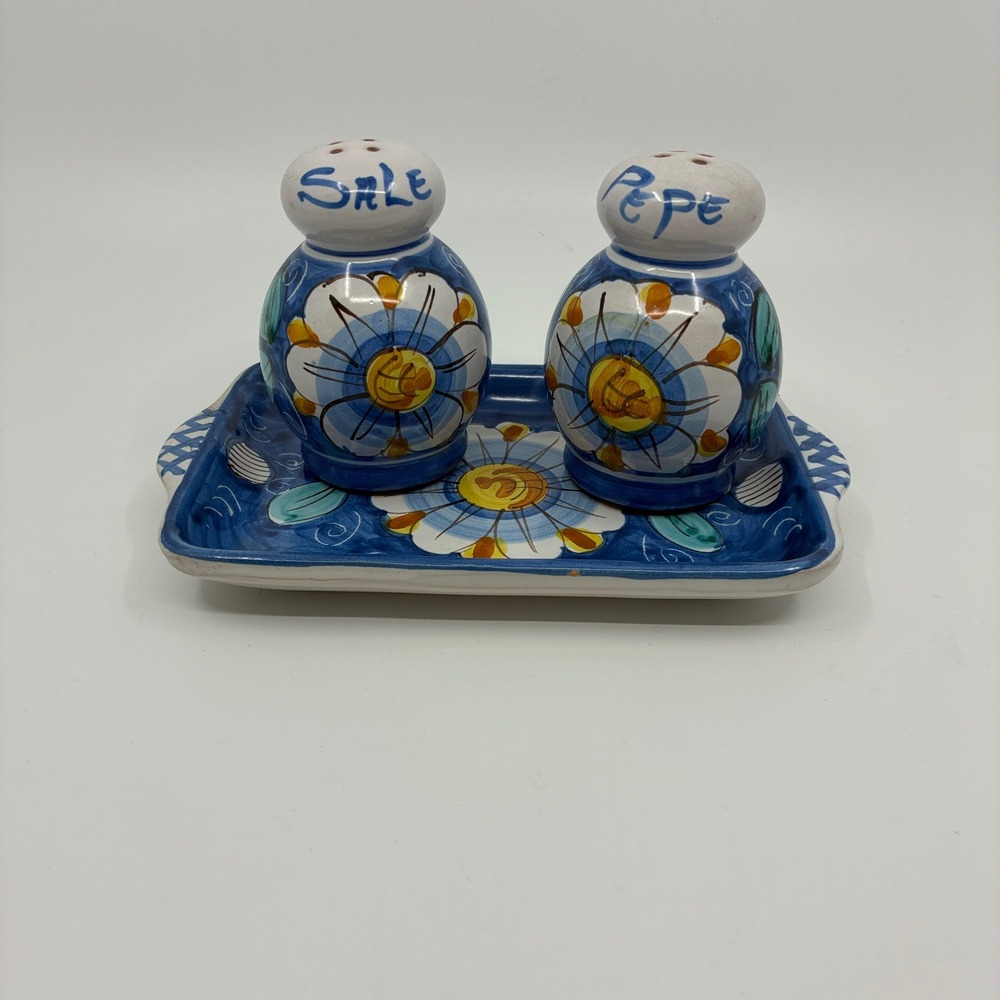 Caltagirone Set Salt & Pepper with Tray Sicilian Made in Italy‎ Vintage